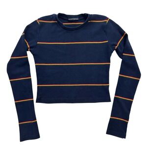 Brandy Melville Navy‎ Blue Striped Long Sleeve Cropped T Shirt Top Womens